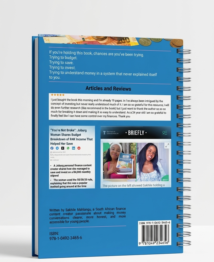 The back cover of the book: You're Not Broke. You're Uninformed by Sakhile Mahlangu.